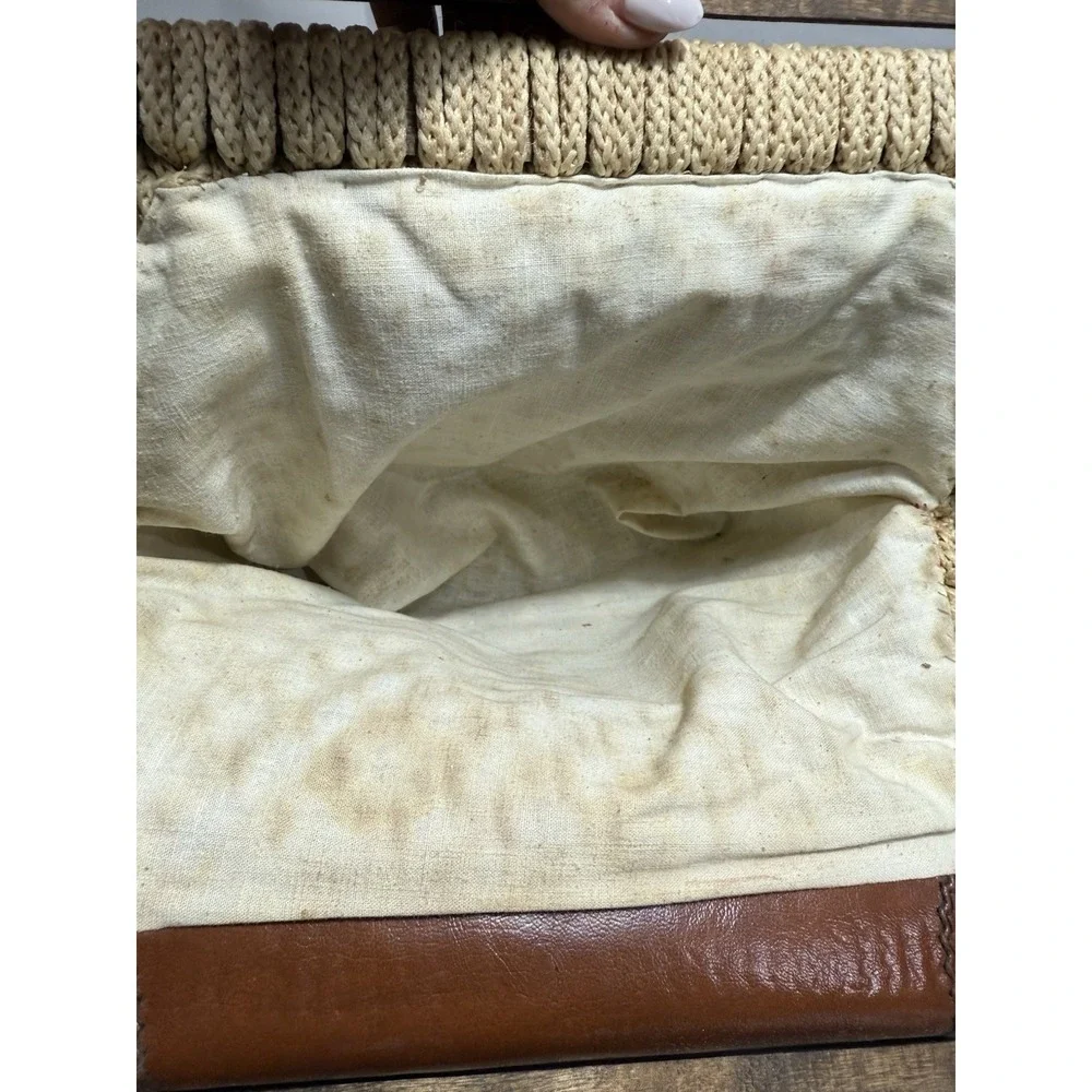 Vintage Boho Macrame Handbag Butterfly Embroidered‎ Wood Handle Brown Tan Bag